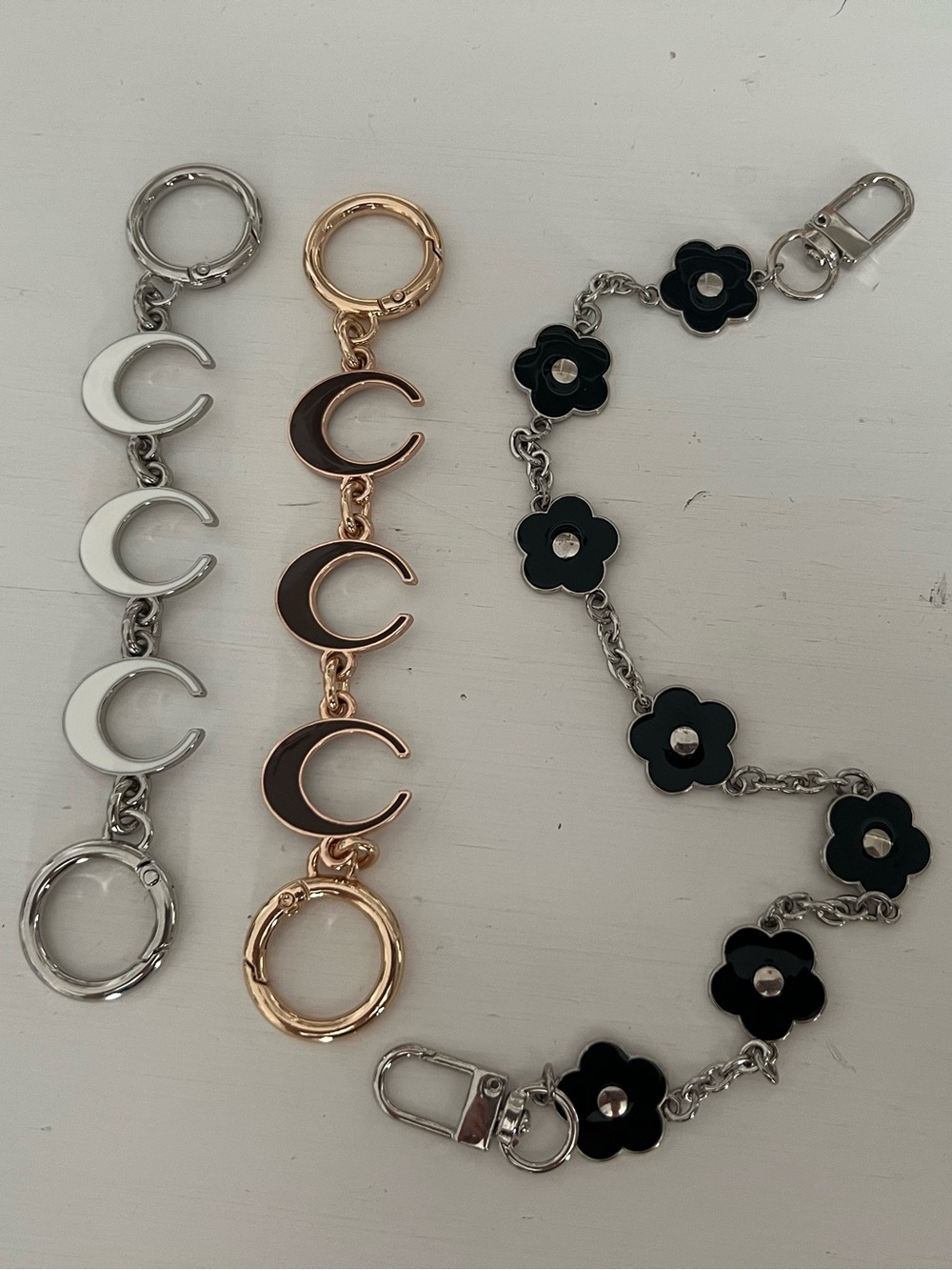 3 Purse Bag Extender Chains Flowers Black Silver and Gold